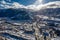 Aerial view City of Vail during winter with Sun Rays