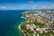 Aerial view of city of Zadar. Summer time in Dalmatia region of Croatia. Coastline and turquoise water and blue sky with clouds.