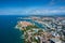 Aerial view of city of Zadar. Summer time in Dalmatia region of Croatia. Coastline and turquoise water and blue sky with clouds.