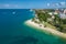 Aerial view of city of Zadar. Summer time in Dalmatia region of Croatia. Coastline and turquoise water and blue sky with clouds.