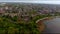 Aerial view of the cityscape with a buildings, river.