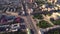 Aerial view of the cityscape. Crossing roads in the city. Car traffic.