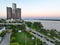 Aerial view of the cityscape of Detroit, Michigan, USA at sunset