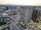 Aerial view of the cityscape of Detroit, Michigan, USA at sunset