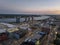 Aerial view of the cityscape of Detroit, Michigan, USA at sunset