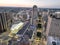 Aerial view of the cityscape of Detroit, Michigan, USA at sunset