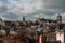 Aerial view of a cityscape of Edinburgh, Scotland on a cloudy day