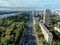 Aerial view cityscape of large streets. Car traffic on the highway in the big city.