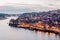 Aerial view of the cityscape of Porto at night in Portugal