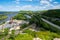 Aerial view of a cityscape of Red Wing, Minnesota, as seen from the Barn Bluff overlook hike. Taken in late spring, view of Lake