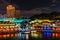Aerial view of Clarke Quay riverside at night in Singapore waterfront skyline. Clarke Quay is popular attraction for traveler in