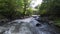 Aerial view of a clean and refreshing river in a forest, Tochigi Prefecture, Japan. Panning to the right.