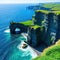 Aerial view of the Cliffs of Moher in beautiful blue ocean and green grassy