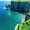 Aerial view of the Cliffs of Moher in beautiful blue ocean and green grassy