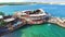 Aerial view of club stage on sea water, zrce beach on island of Pag