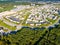 Aerial view of a cluster of houses in a small town in the state of Virginia USA shot by a drone