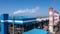 Aerial view Coal-fired power plants with blue sky background, coal-fired power station, Gas turbine electrical power plant power