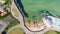 Aerial view of coast of Atlantic Ocean and beach in Portrush, Northern Ireland