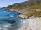 Aerial view of the coast of Corsica, beach and coves with crystalline sea. France