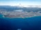 Aerial view of coast of Hawaii with mountains, clouds and ocean, Honolulu,