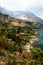 Aerial view on the coast and village of Santa Cruz vertical at Lago de Atitlan, Guatemala