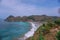 Aerial view of coastal coast at Watu Bale Beach, Kebumen, Central Java, Indonesia