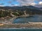 Aerial view of the coastal seaside village Loutraki and the port located in Glossa during winter period. Skopelos island  Sporades