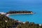 Aerial view of coastal Yoruk Park in Kemer, a seaside resort town and district of Antalya Province on the Mediterranean coast of