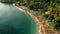 Aerial view of coastline in Amed village. Bali shore, Indonesia.