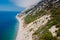 Aerial view of coastline with blue sea and highest cliff. Summer day at Black sea