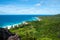 Aerial view of the coastline of Grand Anse and the Indian Ocean, La Digue Island, Seychelles