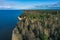 Aerial view of the coastline of the Gulf of Finland. Sandy coast and forest belt. Treetops, blue sky.