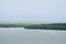 Aerial view of the coastline of mangrove forest and river landscape. Seascape view with sea, palm tree and fishing village. Island