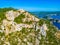 Aerial view of coastline of Paleokastritsa and Angelokastro cast