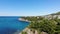 Aerial view of the coastline and sea.