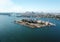 Aerial view of Cockatoo Island, Sydney CBD and Harbour Bridge