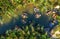 Aerial view of a coconut basket boat tour in Cam Thanh village, Hoi An, Vietnam.