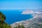 Aerial view of Cofano mount and the Tyrrhenian coastline from Erice, Sicily, Italy