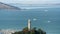 Aerial view of Coit Tower and San Francisco Bay on a summer day