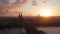 Aerial view of Cologne City skyline and Rhine river at sunset