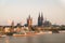 Aerial view Cologne over the Rhine River with cruise ship