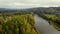 Aerial view of colorful autumn forest and river Gauja. Latvia, Sigulda