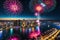 Aerial View of Colorful Fireworks Exploding Over a Bustling City, Celebrating a Festive Holiday, Reflections Abound