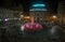 Aerial view of the colorful fountain of De Ferrari Square by night in Genoa, the heart of the city, Italy.