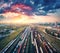 Aerial view of colorful freight trains. Railway station