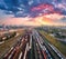 Aerial view of colorful freight trains. Railway station