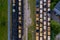 Aerial view of colorful freight trains on railways - an industrial scenery