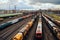 Aerial view Colorful freight trains on station, bustling industrial landscape