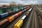 Aerial view Colorful freight trains on station, bustling industrial landscape