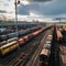 Aerial view Colorful freight trains on station, bustling industrial landscape